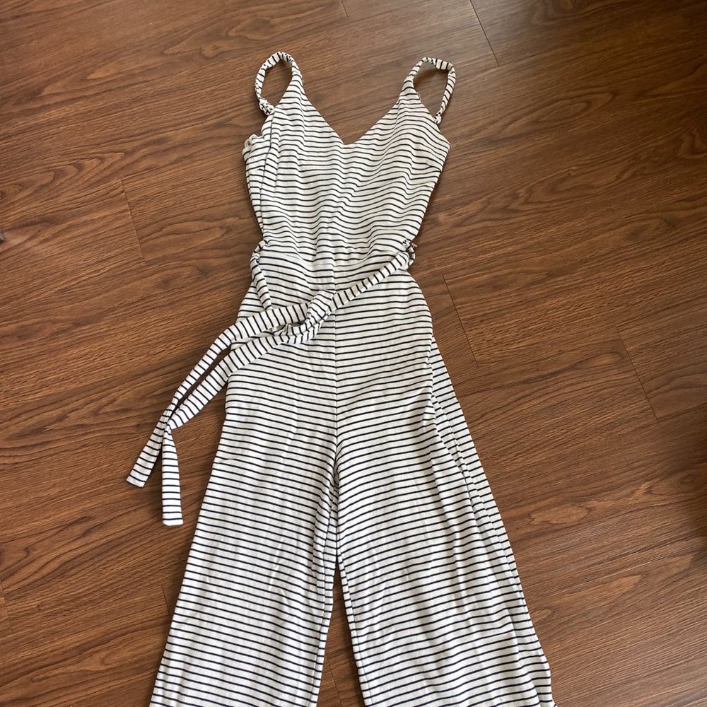 Cropped Cotton Jumpsuit White/Navy Blue Stripe Monteau Size Medium